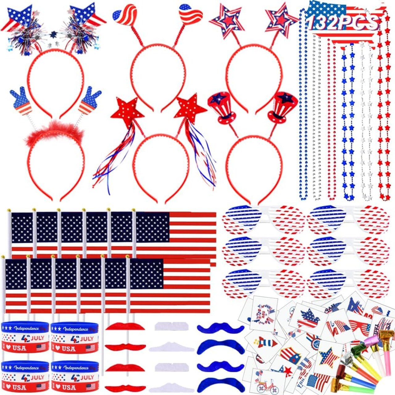132 Pcs Patriotic Party Favors, 4th of July Accessories Include Headbands Glasses Necklaces Flags Bracelets